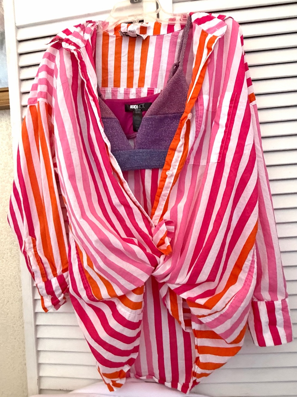 NEW BEACH RIOT Ombré Pink and Blue Glitter Bikini top and BR candy stripe shirt